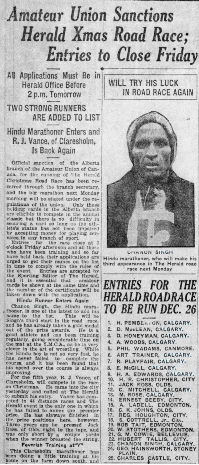 Chanon Singh, “Amateur Union Sanctions Herald Xmas Road Race,” Calgary Herald, 1921.